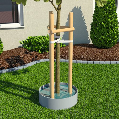 Der Funke-Gießring leitet Wasser gezielt zum Wurzelballen und sorgt so für die optimale Bewässerung von Baumsetzlingen. Foto: Funke Kunststoffe GmbH