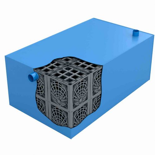 Die KS-Bluebox besteht aus werkseitig kunststoffummantelten D-Raintank 3000®-Elementen. Das System eignet sich nicht nur für die Zwischenspeicherung von Regenwasser, sondern – mit Blick auf eine spätere Entnahme und Nutzung – auch für eine dauerhafte Speicherung.
Foto: Funke Kunststoffe